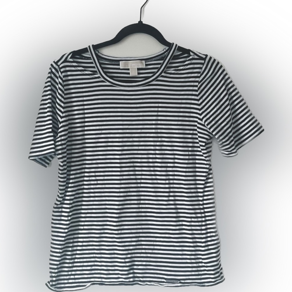 MICHAEL KORS - black and white striped cutout crew neck short sleeve tee